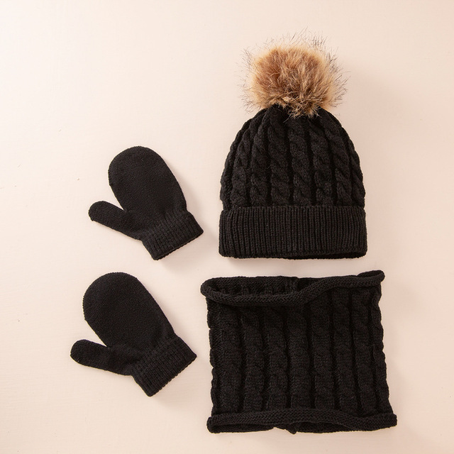 Cute Hat Scarf Set Beanie Hat Gloves 3pcs Children Hats Girls Fake Ball Pom Keep Warm Winter Knitted Skullies Kids Bone