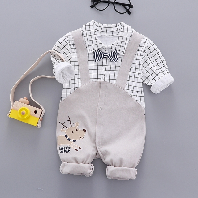 Baby check one-piece clothing children's clothing casual wear out boy baby autumn and winter cartoon clothing set