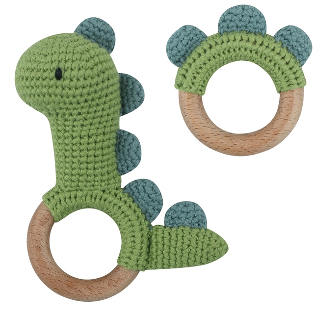 1pc or 2pcs/set BPA Free Crochet Dinosaur Baby Teether Rattle Safe Beech Wooden Teether Ring Newborn Mobile Sport Educational Toy