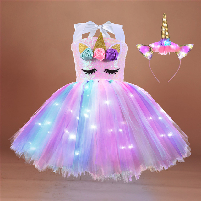 Girl Unicorn Dresses for Girls Tutu Princess Party Dresses with LED Lights Flower Birthday Party Cosplay Costume Girls Clothing