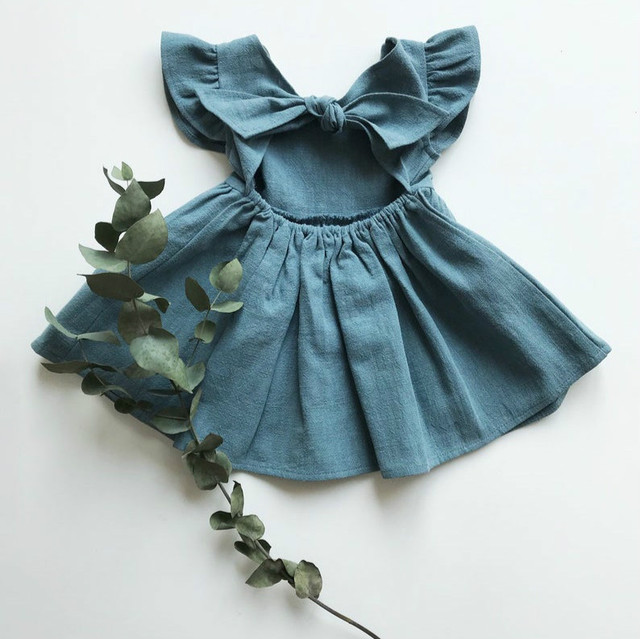 New Baby Girls Dress Bow Cotton Fly Sleeve Ruffles Lace Summer Pure Color Children Princess Skirt Kids Clothes