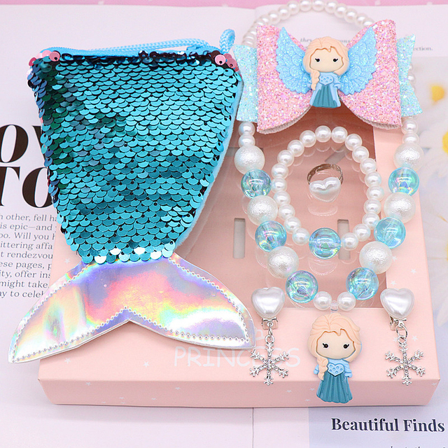 Girls Little Mermaid Party Accessories Necklace Ring Earrings Bracelet Kids Toy Birthday Gift Magic Embroidery Shoulder Bag Headband