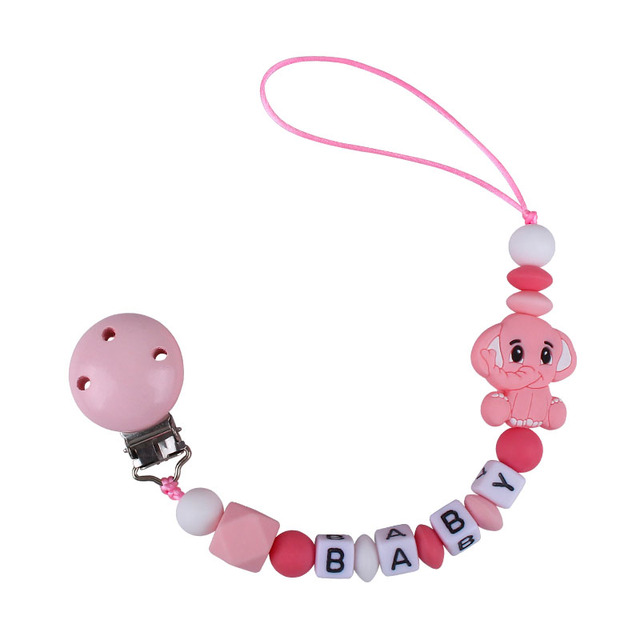 Customized Name Newborn Infant Baby Pacifier Clips Chain Elephant Silicone Beads Toy Teether Toy Doll Baby Holder Pacifier Chain