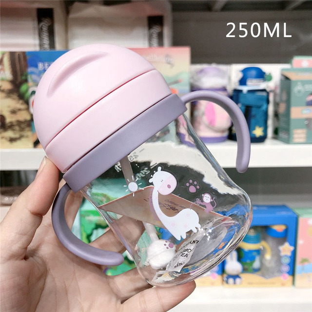 250ml Cartoon Style Outdoor Baby Drinking Bottle With Straw Baby Feeding Cup For Kids Training Portable Handle Water Bottle