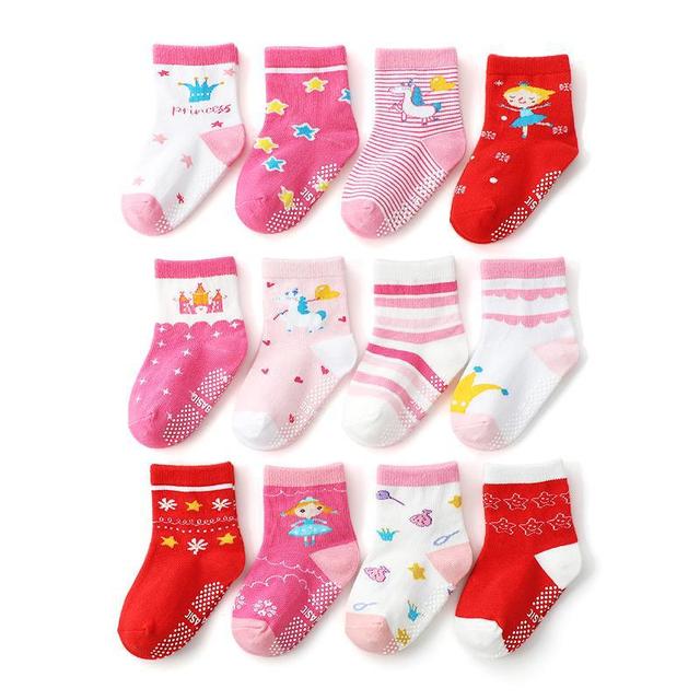 12 pairs/set kids socks baby girl anti-slip boy elastic knit cotton 1-5 years