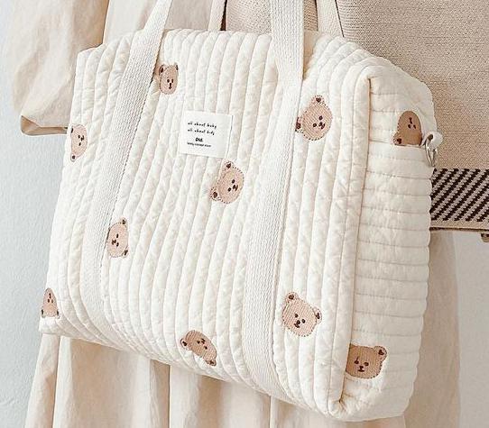 Cute Bear Flower Embroidery Pattern Baby Beige Cotton Fabric Zipper Diaper Handbag 2022 New Luggage Bag