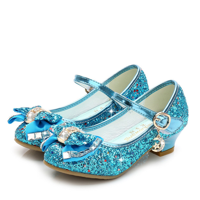 ULKNN-Children's leather shoes, casual high-heeled shoes with flowers and sequins, butterfly knot, blue, pink and silver, 2021