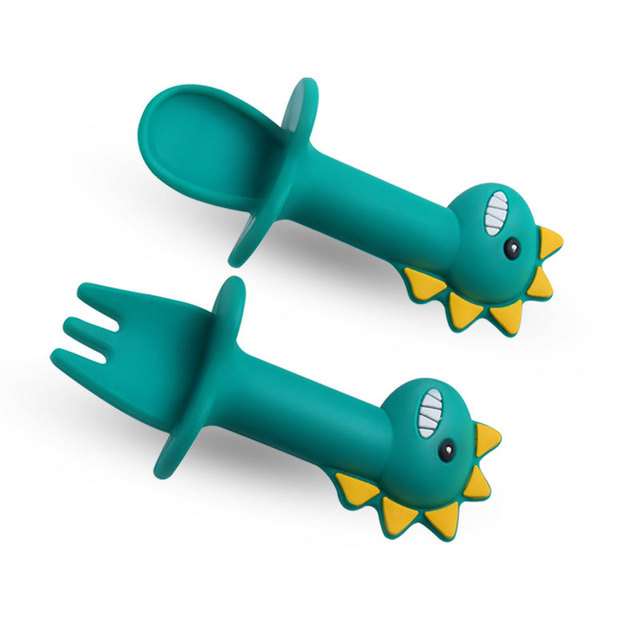 Baby Learn Spoon Fork Set Short Handle Easy Spoon Soft Silicone Utensil Toy Teether Feeding Tableware Dinosaur Spoon Tableware