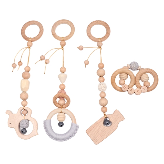 4pcs Baby Stroller Frame Pendants Wooden Ring Beads Teether Stroller Rattle Infant Newborn Nursing Molar Teething Toys Bathing Gifts