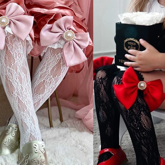 2pcs 0-6 Years Rhinestone Children Royal Knee High Fishnet Socks Toddler Girls Baby Bowknot In Tube Socks Toddler Hollow Out Sock Sox