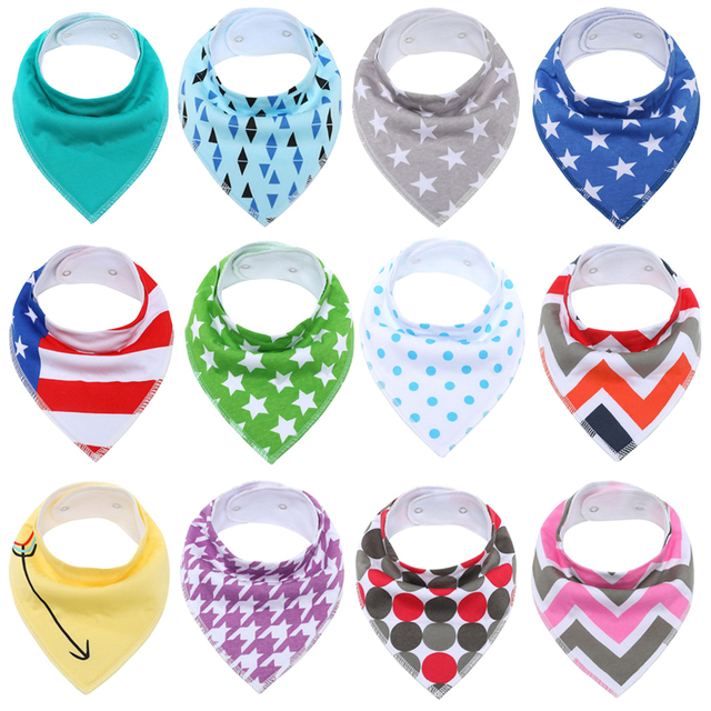 12packs/lot 100% Cotton Bandana Bibs for Drooling Teething Newborn Infant Adjstable Snaps Absorbent Baby Bibs