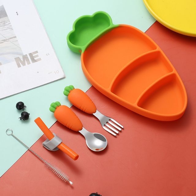 Baby Stainless Steel Silicone Cutlery Feeding Set Children Straw Cutlery Carrot Set Split Training Plate Spoon Fork Dinner Plate