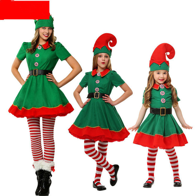 Family Matching Mother Dad Green Elf Christmas Costume Festival Santa Boys Suit New Year Kids Clothes for Girls Christmas Party Dress
