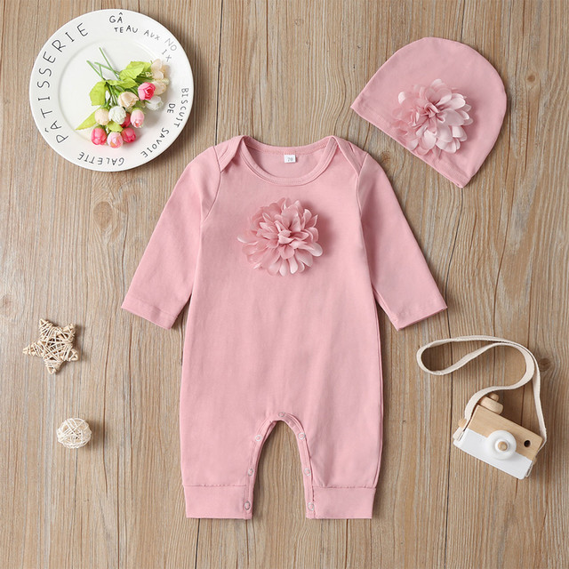 Newborn Baby Long Sleeve Romper 3D Floral Baby Onesie Jumpsuit Newborn Baby Clothes Set Hat Clothes Set