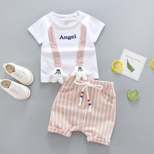 Baby clothes set summer cute cartoon bear printing cotton T-shirt + stripe lace elastic waist shorts boys girls casual 2 piece suit