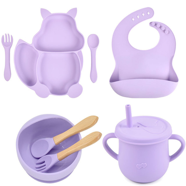 8pcs/set Baby Silicone Pacifier Bowl Plate Cup Bibs Spoon Fork Sets Children Non-slip Tableware Baby Feeding Dishes BPA Free