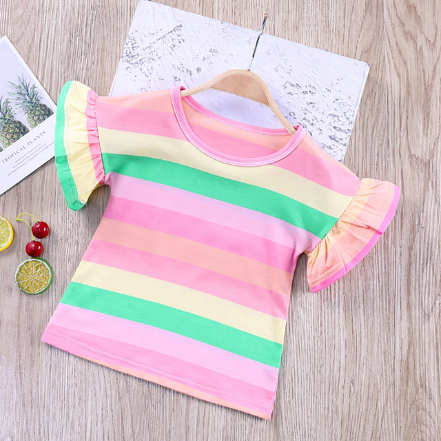 Girls Striped T-Shirt 2021 New Korean Baby Fashion Rainbow Shirts With Ruffle Sleeves Children All-match Tees 12M-8T JYF