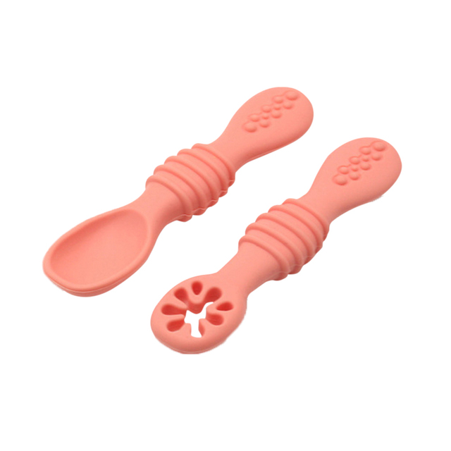 2pcs Lovely Baby Learning Spoons Utensils Set Adorable Toddler Tableware Baby Silicone Teether Toys Feeding Scoop Training