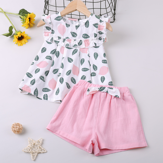 2022 New Summer Suit Clothing Sets Pattern Leaf Print Sleeveless Top+Pants 2pcs Kids Clothes Children's Clothing Girls Clothes