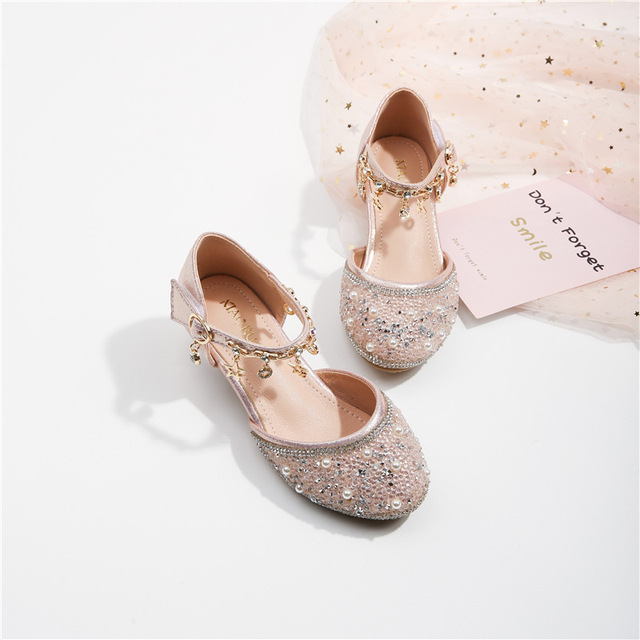 Girls-up sandal height students rhinestone princess shoes pink new shoes children's hollow glass slippers shiny girl dress