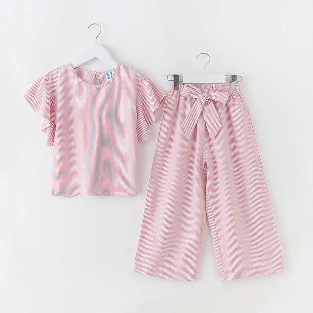 Korean Big Girls Summer Clothing Set 2021 New Kids Striped Ruffle Sleeve Wide Leg Pants Fashion Two Pieces Teenage Clothes JYF