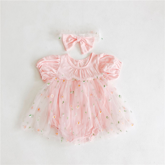 Newborn baby girl clothes summer infant princess floral tulle dress with jumpsuit bow headband baby girl clothes