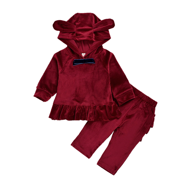 Cartoon Velvet Tracksuit Eear Ruffle Kids Children Clothing Set Autumn Winter Girls Baby Costume 2pcs Suit