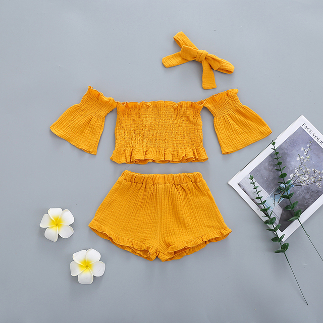 Infant Girls Clothes Baby Girl Toddler Off Shoulder Short Sleeve Tops Belt Pants Headband Outfit Sunsuit Kids Clothes Set 1-5y