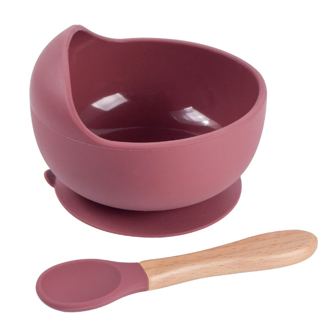 Baby Silicone Bowl Feeding Tableware Children Suction Bowl Plate Wooden Handle Silicone Spoon Dish Set For Baby Kitchen Utensils