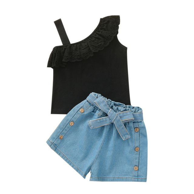 New Summer Girls Top + Denim Short Pants 2pcs Kids Outfits Clothes Toddler Children Costume For 1-6 Years