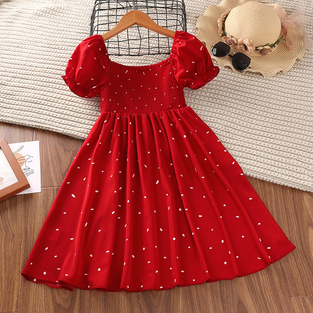 Girls Dot Red Dress Summer 4-11Y Young Children Square Collar Casual Clothing Kids Knee Length Short Sleeve Princess Dresses New