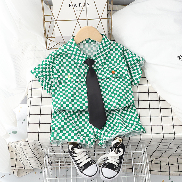 Summer cotton baby boy clothing sets infant birthday formal plaid shirt shorts 2pcs/set causal with tie tracksuit