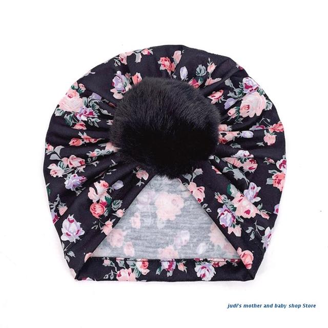 67JC Cute Faux Fur Ball Baby Kids Turban Hat Floral Print Infant Headdress