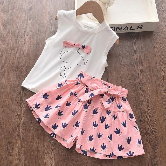 Girls clothes set 2022 new summer sleeveless T-shirt and print bow shorts for girl kids clothes children clothing 3 5 7 years