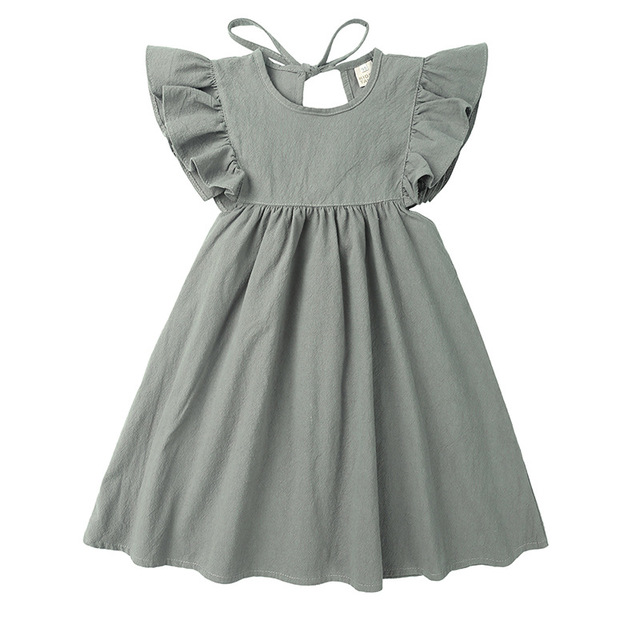 Solid White Girls Dress Ruffle Sleeve Kids Summer Clothes Baby Girls Linen Cotton Dresses A-line Casual O-neck Dress