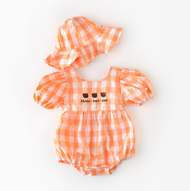Newborn Baby Girl Clothes Plaid Puff Sleeve Floral Jumpsuit Cute Cartoon Bear Embroidery Cotton Bib With Hat Outfits