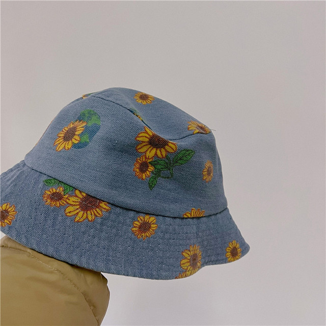 MILANCEL 2022 summer children's denim bucket hat sunflower print large brim hat