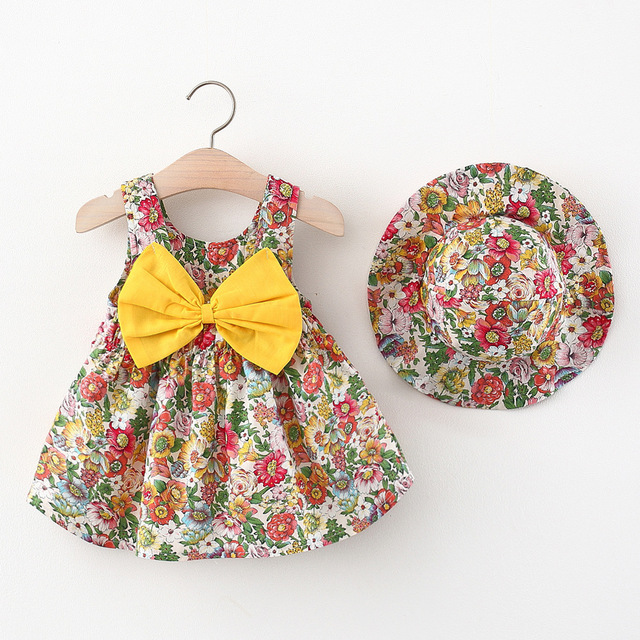Baby Girls Dresses Vintage Floral Print Bow Princess Dress with Hat 2022 Summer Children 0-2 Years Kids Dress Girls Clothes