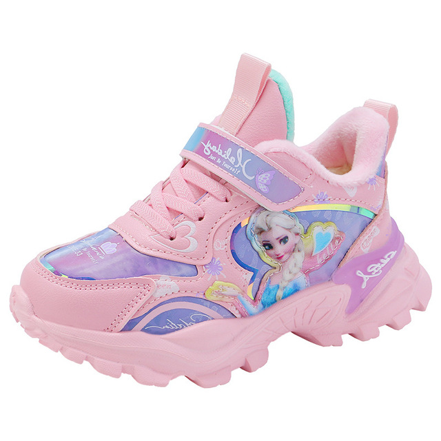 Disney girls' cotton sports shoes for children plus velvet warm Elsa princess students winter new children's running shoes