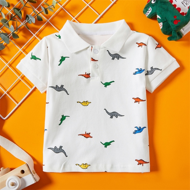 Summer Children Boys Clothes Tops Kids Label T-shirt Cartoon Dinosaur Print Short Sleeve Polo Shirt 2-7Y