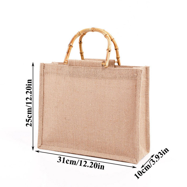 Portable Burlap Shopping Bag Jute Handbag Bamboo Ring Retro Carry Handles DIY Handbag Women Large Size Beach Bag for Girls