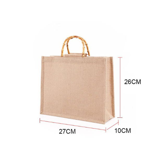 Portable Burlap Shopping Bag Jute Handbag Bamboo Ring Retro Carry Handles DIY Handbag Women Large Size Beach Bag for Girls