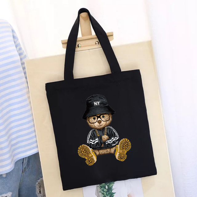 Women's Shopping Bag All-match Bear Chain Handbag Folding Reusable Canvas Shopper Harajuku Style Bag New Student Canvas Tote Bag