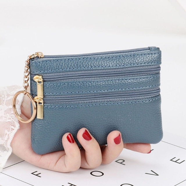 Women PU Leather Mini Coin Purse Three Zippers Card Key Holder Money Bag Female Girls Solid Color Mini Clutch With Keyring