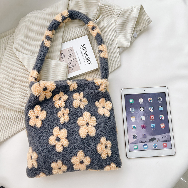 Stylish design plush flower pattern women tote bag handbags shoulder bag ladies large capacity simple fashion female bag