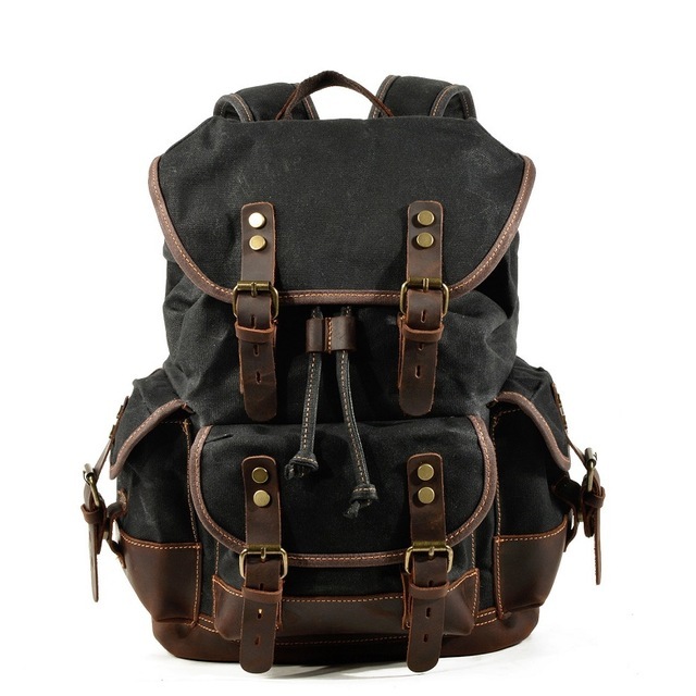 Men's Leather Backpack Large Capacity Tarpaulin Vintage Backpack For School Hiking Travel