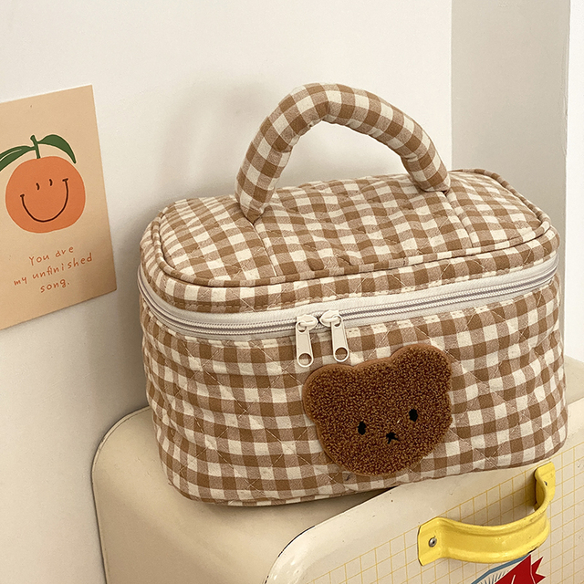 Cute Khaki Bear Makeup Bag Large Capacity Portable Cosmetic Bags Zipper Pure Cotton Plaid Brushes Pouch Case For Women Girls