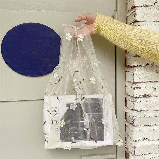 Women's Multifunctional Mesh Canvas Bag Large Capacity Tote Bag Floral Embroidery Shopping Bag Reusable Organizer