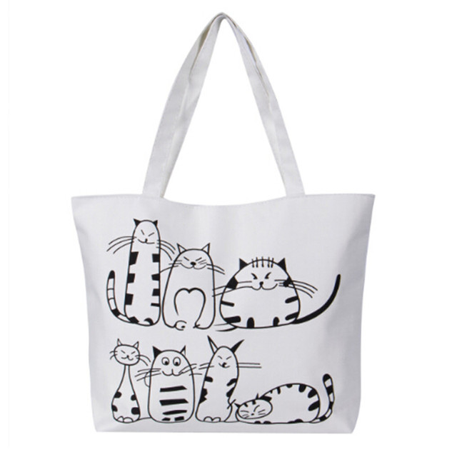 Women's Shopping Bag Cat Cartoon Printed Shoulder Bag Women Large Capacity Canvas Beach Bag Tote Ladies Shopping Bags