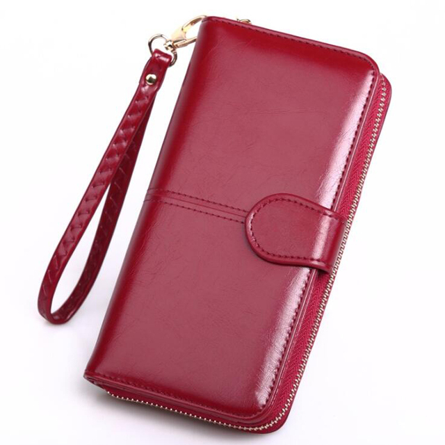 Leather Women Long Zipper Oil Wax Wallet Large Capacity Zipper Clip Wallet Ladies Long Wristlet Clutch Coin Card Holder Portomonee